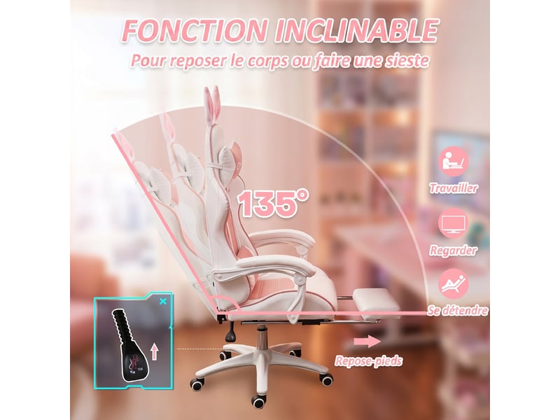  Chaise de gaming avec support lombaire, hauteur réglable, dossier inclinable, rose, oreilles de lapin et appui-tête  - Conforama R