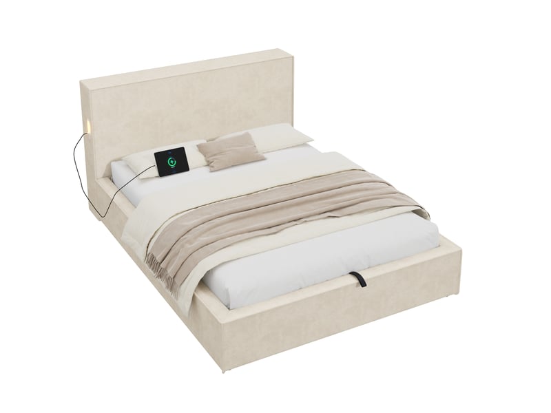  Lit coffre 120x200 cm avec sommier à lattes, revêtement chenille beige  - Conforama A