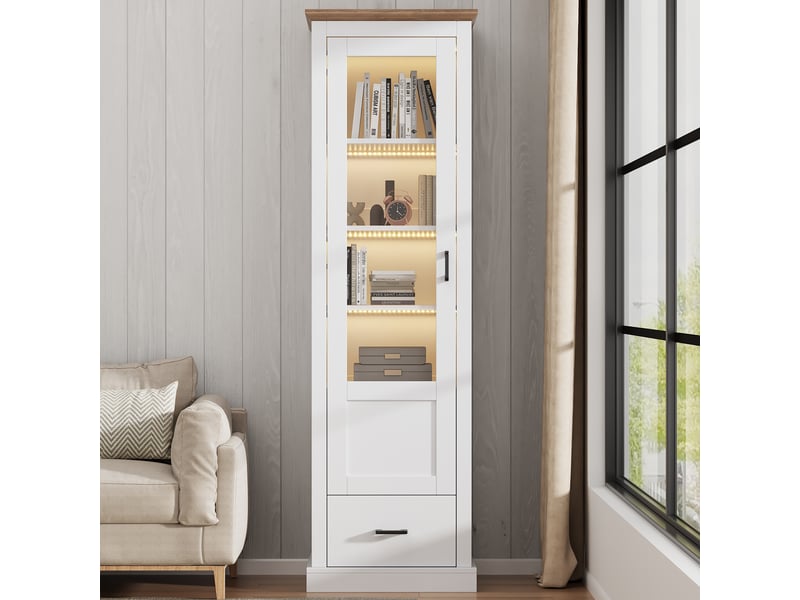  Vitrine led 50x35x178 cm avec porte en verre trempé, éclairage usb, 5 étagères et tiroir de rangement, meuble vitrine en panneau de particules, blanc OMNIGLINT TRADING LTD - Conforama D