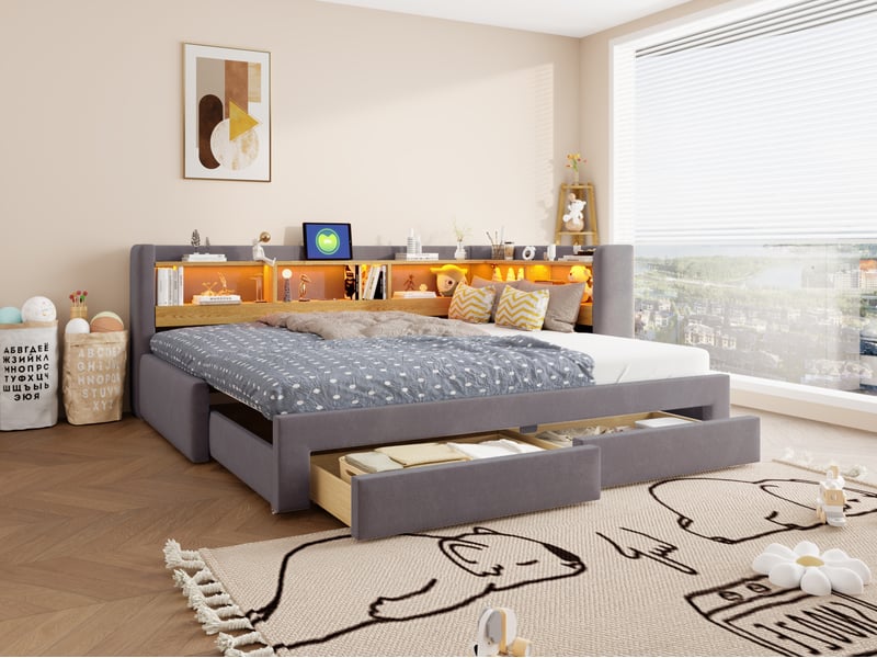  Lit gigogne 90x200, banquette-lit 3-en-1 avec tiroirs, forme l, led et prise, convertible 180x200cm, gris  - Conforama B