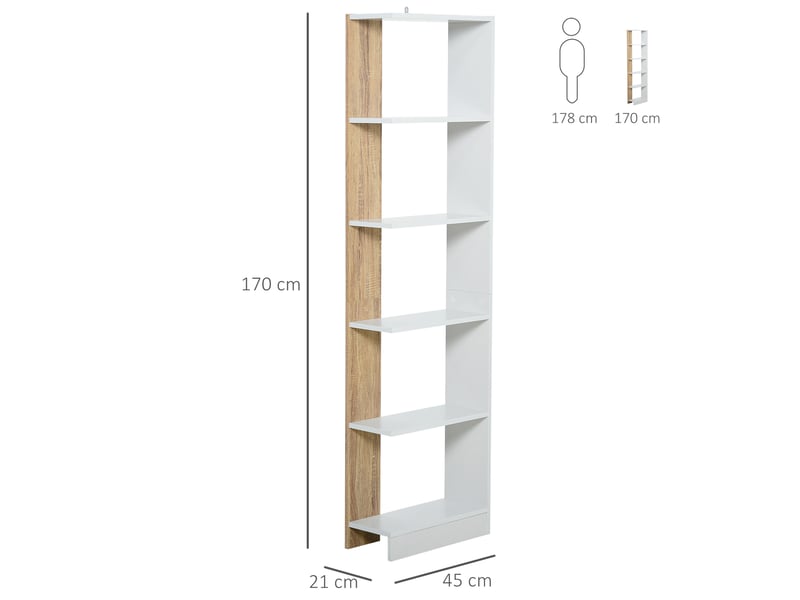  Étagère 5 niveaux 45 x 21 x 170 cm, bibliothèque multifonction avec socle surélevé, meuble de rangement pour bureau, blanc et chêne  - Conforama E