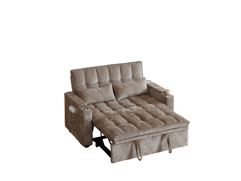  Canapé-lit 2 places 3 en 1 142x89x89 cm effet nuage avec rangements accoudoirs, porte-gobelets et 2 coussins lombaires marron  - Conforama A