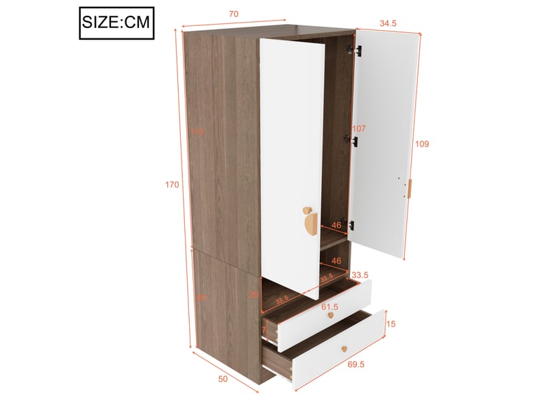  Armoire modenvie 2 portes avec 2 tiroirs et niches 70 x 50 x 170 cm mdf bois naturel et blanc  - Conforama C