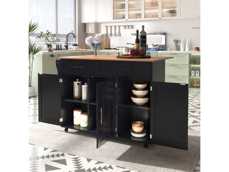 Îlot de cuisine noir avec plateau rabattable, chariot de service sur roulettes avec 2 tiroirs et armoires de rangement, 129x46x91,5cm  - Conforama B