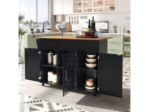 Îlot de cuisine noir avec plateau rabattable, chariot de service sur roulettes avec 2 tiroirs et armoires de rangement, 129x46x91,5cm