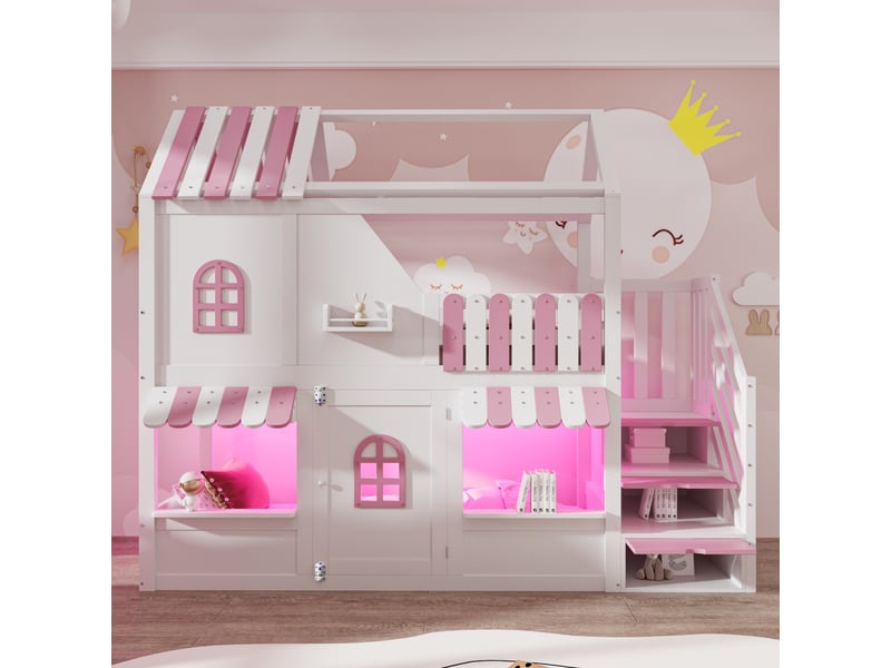 Lit superposé 90 × 200 cm 2 places avec led, étagères et échelle de rangement, sans matelas, bois blanc et rose - Conforama C