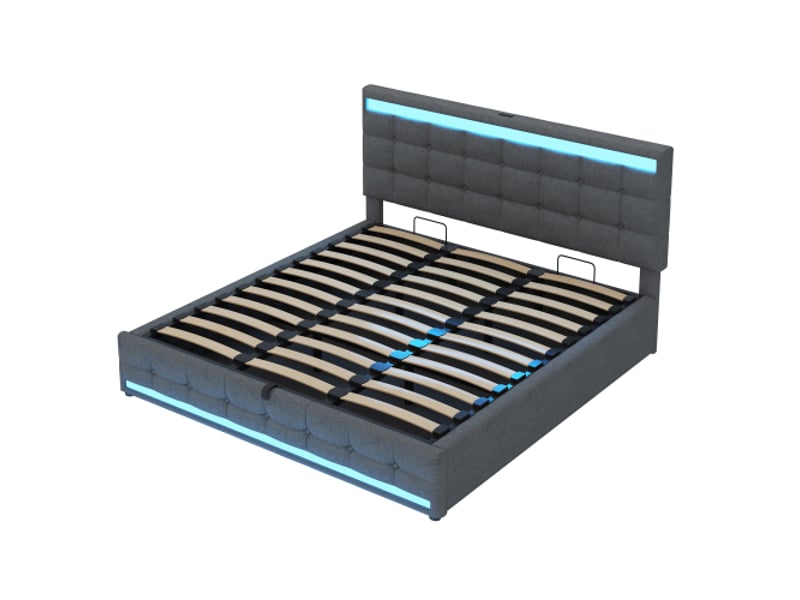 Lit tapissier 180x200 cm avec rangement hydraulique - pour enfant, usb, led couleur changeante, gris lin - Conforama E
