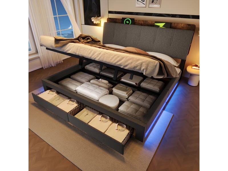  Lit coffre 180x200 cm, lit double, rangement hydraulique, led, usb et usb-c, lin gris  - Conforama C