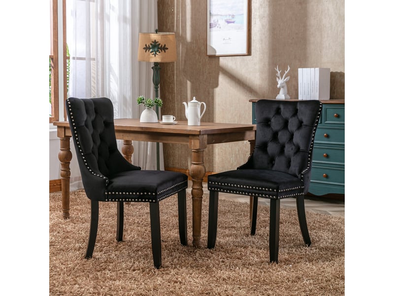  Lot de 2 chaises de salle à manger en velours noir, dossier haut capitonné, clous décoratifs, pieds en bois massif, style français élégant  - Conforama B