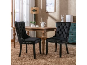 Lot de 2 chaises de salle à manger en velours noir, dossier haut capitonné, clous décoratifs, pieds en bois massif, style français élégant