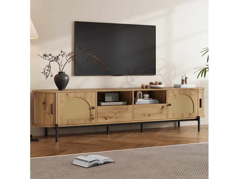  Meuble tv ovale 200x40x49,5 cm avec portes coulissantes et tiroirs, aspect bois naturel  - Conforama B