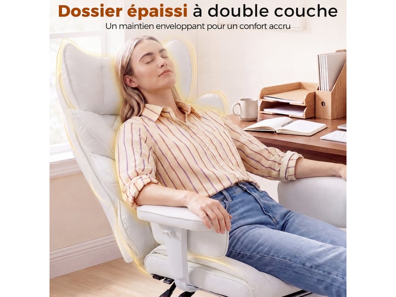 Fauteuil de bureau ergonomique inclinable 90°-135°, repose-pieds, hauteur réglable,farbic,blanc  - Conforama C