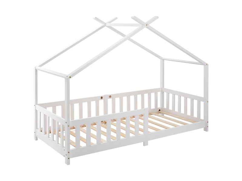 Lit enfant 90x200 cm, forme maison, barrières de sécurité, sommier à lattes, pin massif, blanc OMNIGLINT TRADING LTD - Conforama A