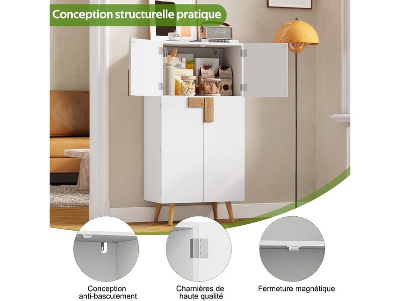  Buffet de cuisine haut avec 4 portes, étagères réglables et rangements de porte, pour cuisine, en mdf blanc, 60 × 35 × 120 cm  - Conforama E