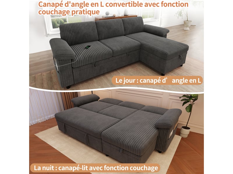 Canapé d'angle réversible convertible 3 places tissu gris coffre de rangement - Conforama D