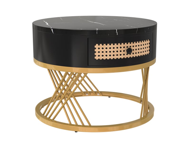  Table basse moderne ronde 2 en 1 mdf | plateau effet marbre et tiroirs en rotin plastique,noir  - Conforama D