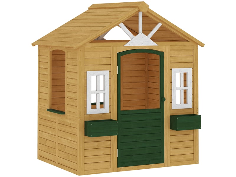  Cabane enfant extérieur en bois, maison enfant extérieure avec porte, fenêtres, 2 bacs à fleurs, marron, 134,5x97x150cm  - Conforama B