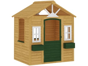 Cabane enfant extérieur en bois, maison enfant extérieure avec porte, fenêtres, 2 bacs à fleurs, marron, 134,5x97x150cm