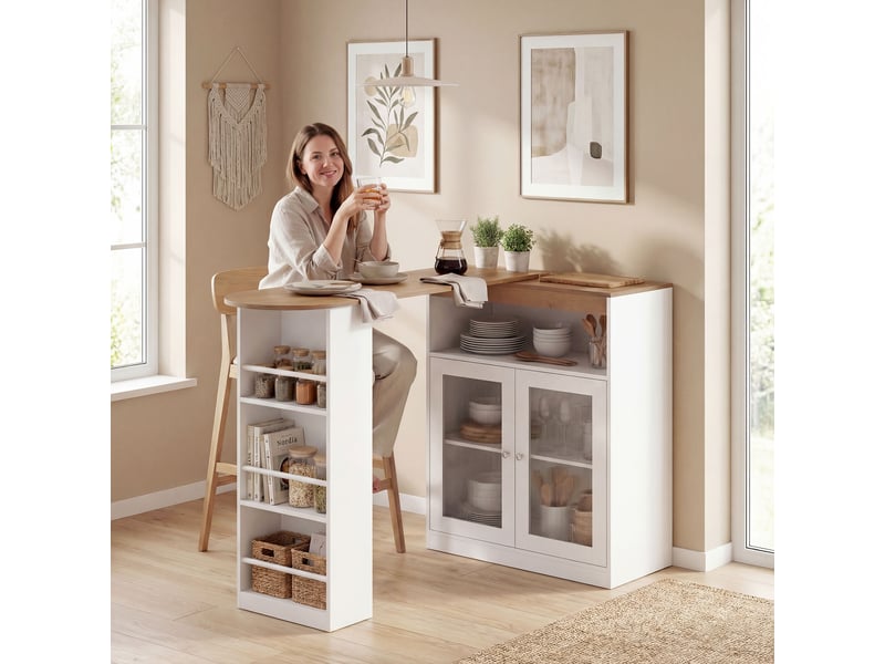  Table de bar extensible et pivotante à 90° avec étagères ouvertes et 2 portes vitrées 150 x 80 x 105,5 cm blanc et naturel  - Conforama D
