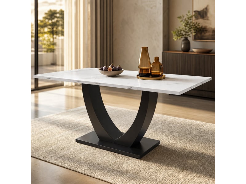 Table à manger rectangulaire avec pieds réglables - lpospi - plateau effet marbre, mdf et métal blanc noir 140 × 75 cm - Conforama B