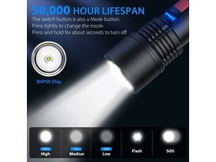 Lampe de poche led rechargeable 3000 lumens, lampe de torche zoomable, torche étanche extérieur (batterie rechargeable intégrée)