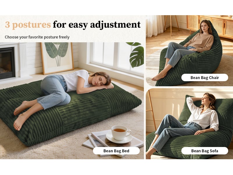  Pouf convertible géant en tissu doux pour adulte et enfant fauteuil de relaxation avec dossier inclinable pour salon chambre gris  - Conforama E
