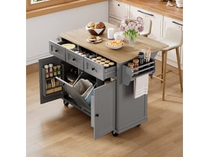 Desserte de cuisine avec tiroirs, niche pour poubelle, étagère à épices et plan de travail relevable pour cuisine
