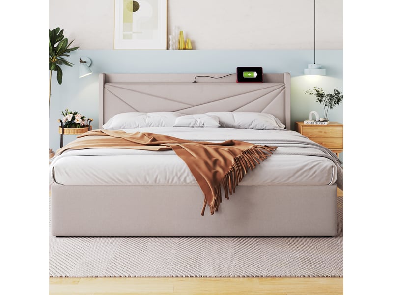  Modenvie lit coffre 160x200 cm - rangement intégré, ports usb et usb-c, matelas inclus - beige  - Conforama D