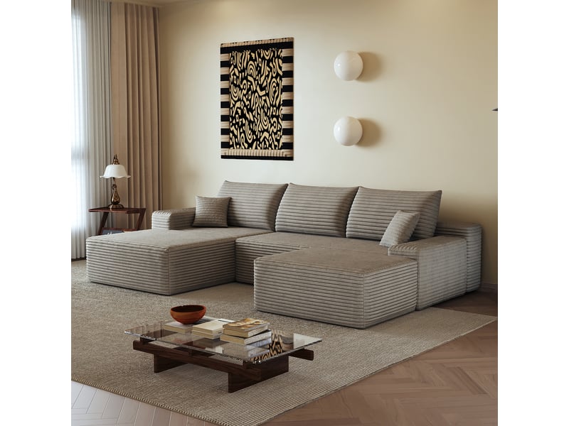  Canapé d’angle modulable 270 x 175 x 83 cm 3 places avec pouf, méridienne en l, sans montage, camel Bliss Lite - Conforama B