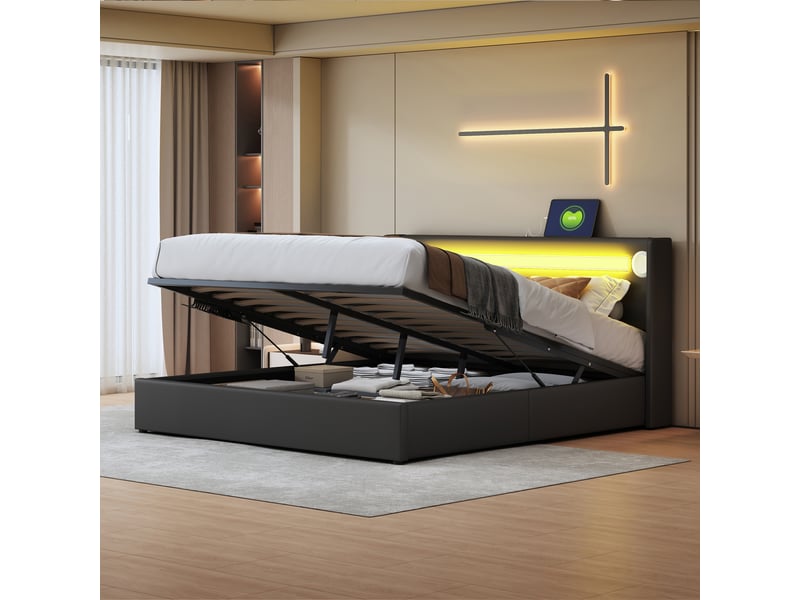  Lit double 160x200 cm - lit avec led et bluetooth intégré, chargeur usb, sans matelas - pu noir  - Conforama D