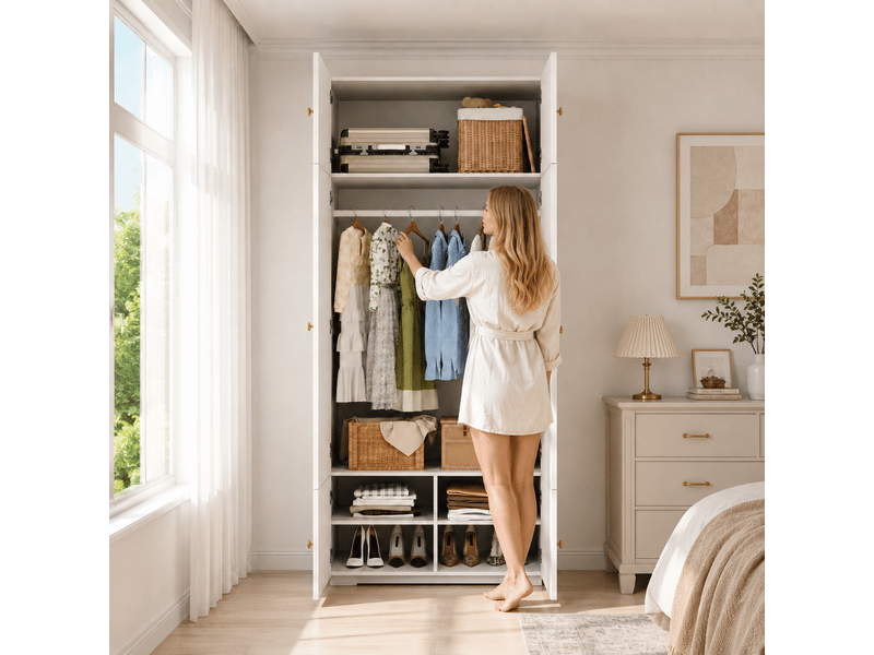 Armoire de chambre blanche 90x50x200 cm avec 1 penderie et 5 compartiments, portes battantes - Conforama B