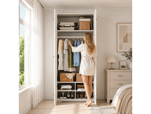 Armoire de chambre blanche 90x50x200 cm avec 1 penderie et 5 compartiments, portes battantes