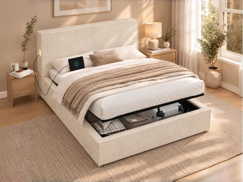  Lit coffre, 120 x 200 cm, lit enfant avec sommier à lattes, tête de lit rembourrée et grand espace de rangement, chenille, beige  - Conforama B