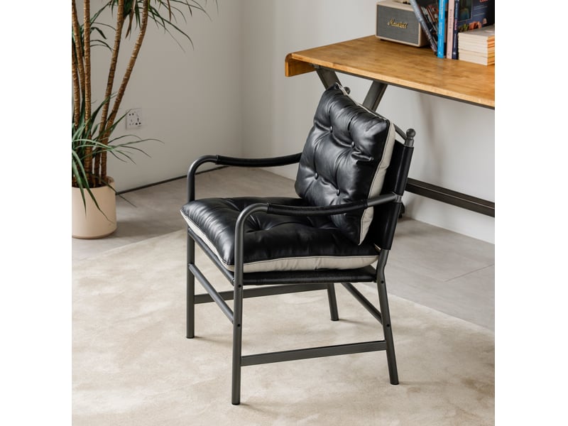  Fauteuil de salon avec accoudoirs, assise rembourrée et cadre stable, style moderne rétro, en cuir noir et métal  - Conforama E