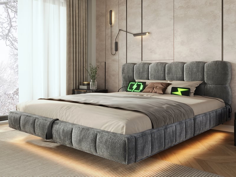  Lit rembourré 140x190cm, design bubble nuage suspendu, coffre hydraulique, led, charge usbtype-c, chenille gris  - Conforama B