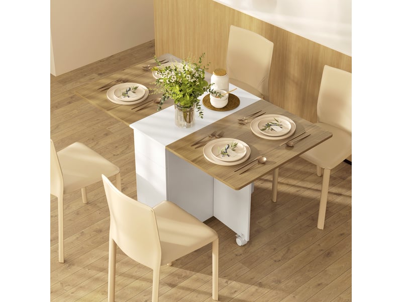  Table à manger pliable pour 6 personnes, table de cuisine sur roulettes avec 2 tiroirs 2 placards, 140x76x74cm, blanc  - Conforama C