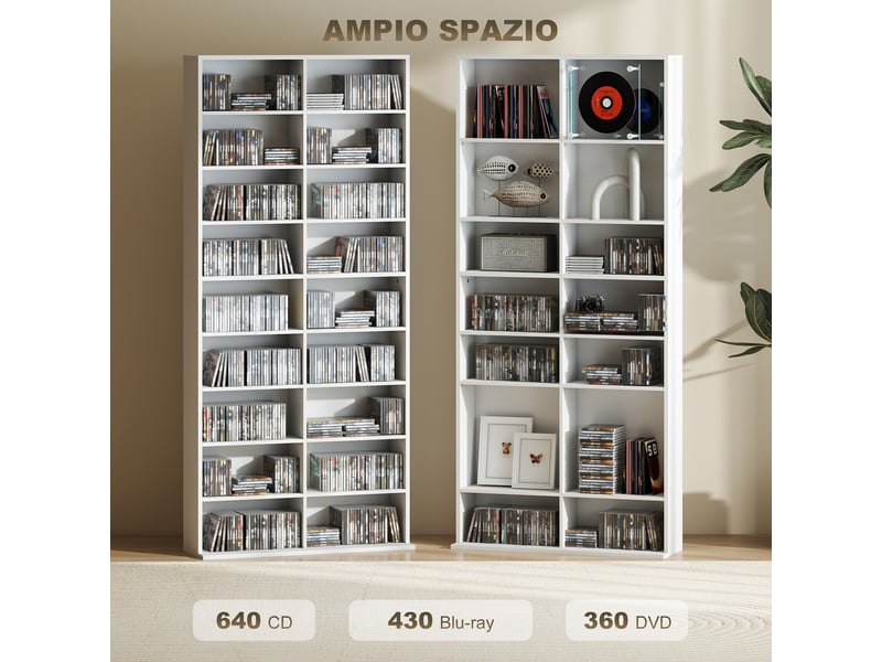  Meuble à cd avec 14 étagères réglables, capacité de 640 cd360 dvd, 78,5 x 24 x 175 cm, blanc  - Conforama E