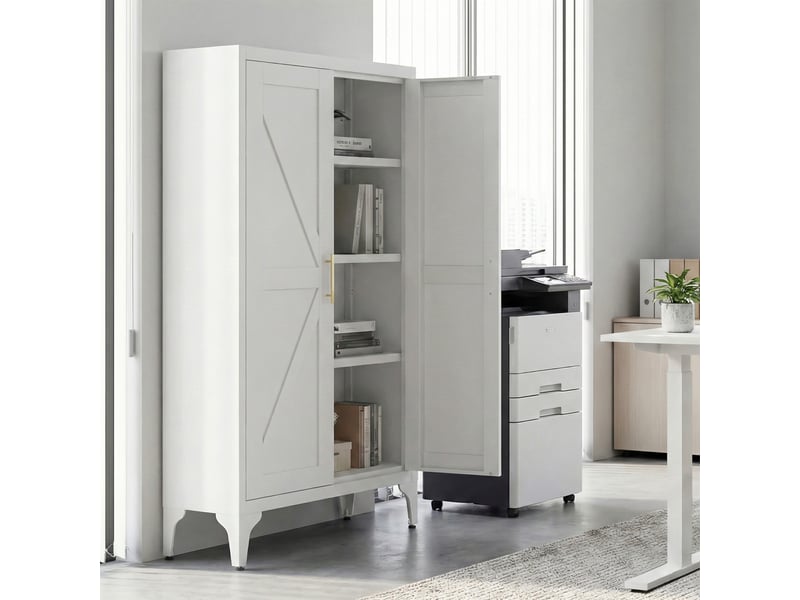  Armoire métallique blanche 2 portes avec étagères réglables, rangement cuisine et bureau  - Conforama E