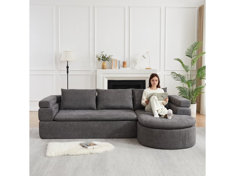 Canapé d’angle 3 places en chenille gris anthracite, méridienne arrondie Fay Lum - Conforama D