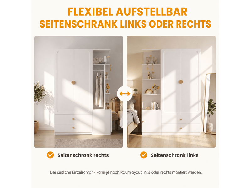 Armoire avec 2 tringles, 2 tiroirs et colonne latérale modulable pour chambre, en mdf, blanc, 135 × 45 × 200 cm - Conforama E