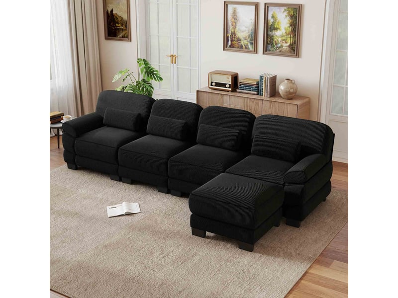  Canapé d’angle modulable 4 places avec pouf 336x161x94 cm, tissu velours côtelé, assise profonde, structure renforcée, design moderne - noir  - Conforama D