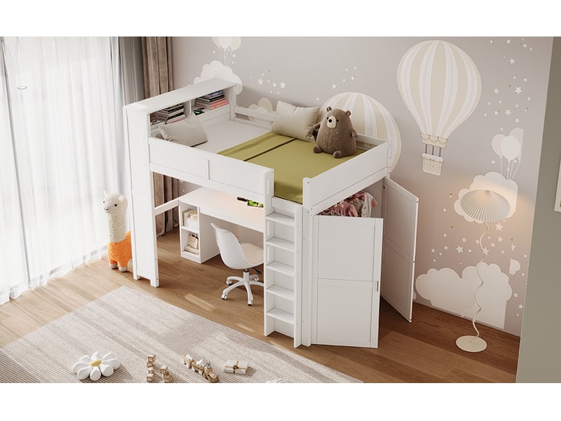  Lit mezzanine enfant 90×200 cm bureau, rangement, led réglable et usb  - sans matelas, bois blanc  - Conforama E