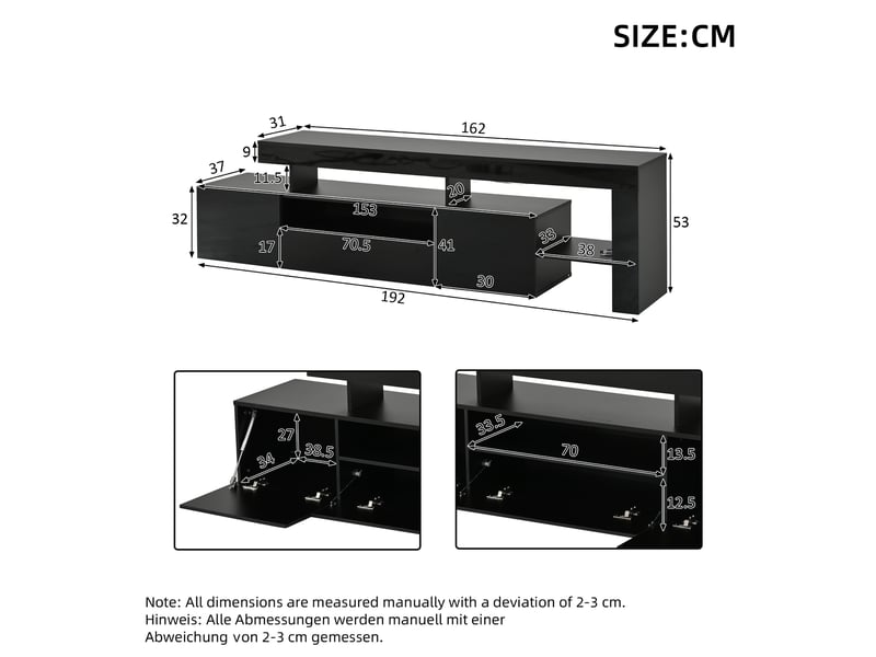  Meuble tv bas 192x37x53 cm pour tv 85 pouces, led, 3 portes abattantes, niches ouvertes, finition brillante - noir  - Conforama E
