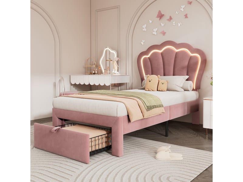  Lit enfant 90x200 velours rose - cadre avec tiroir, led rgb connectée et tête de lit réglable  - Conforama D