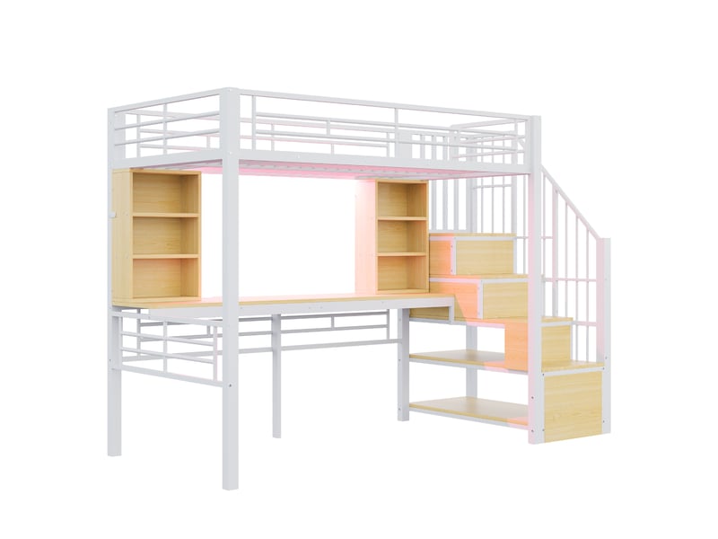  Lit mezzanine blanc 90x200 cm, rangements et bureau, led, échelle-coffre, garde-corps, cadre fer, prise européenne  - Conforama D