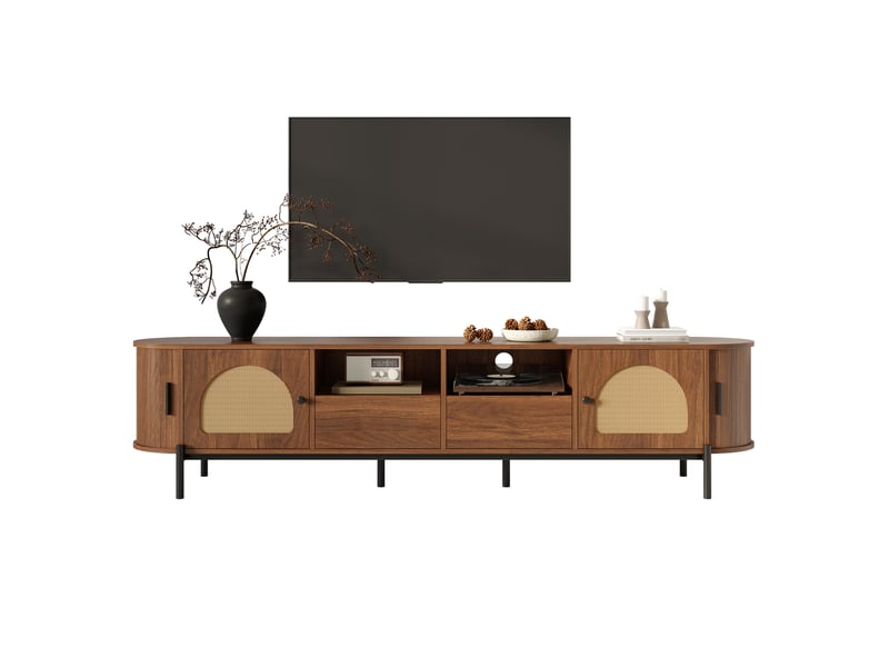  Meuble tv ovale rotin 200 cm - portes coulissantes et tiroirs - pieds métal noir - noyer  - Conforama A