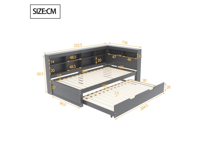  Lit simple gigogne 90x200+90x190 cm, prise usb, gain de place, lit enfant, espace de rangement, bois gris, sans matelas  - Conforama C