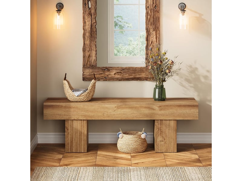  Banc de salle à manger de 55 pouces, banc d'entrée en bois style ferme avec pieds robustes, banc d'intérieur pour chambre, salle à manger, cuisine ou couloir, marron clair  - Conforama D