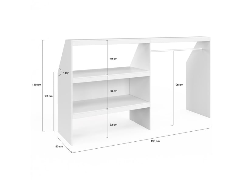 Kit dressing sous pente avec étagère 2 niveaux et penderie extensible tomi 195 x 50 x 70-110 cm blanc  - Conforama D