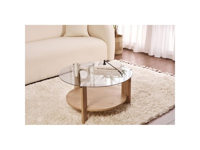  Table basse de salon en verre trempé et bois mdf mélaminé chêne saphir et fumé 75 x 75 x 40 cm  - Conforama B